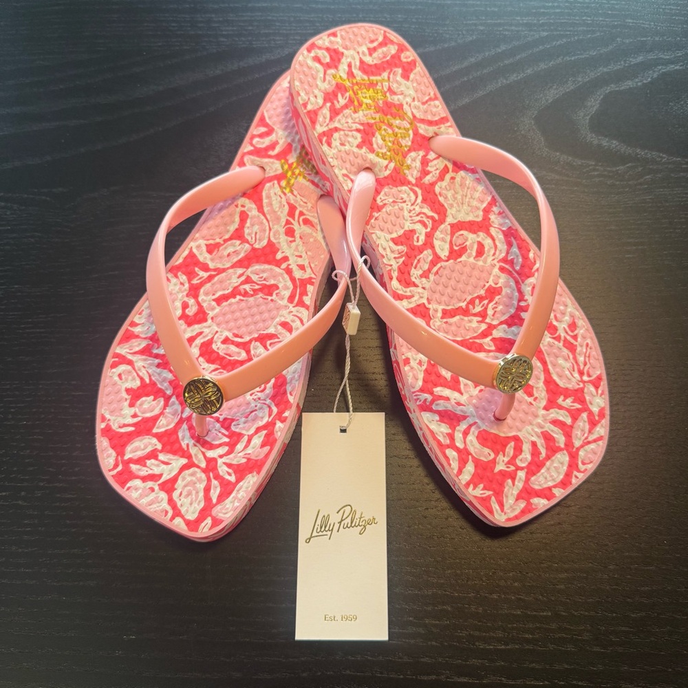 Lilly Pulitzer Sandsational Square Toe Flip Flops Coral Crab Collab Sz: 7/8 🦀
